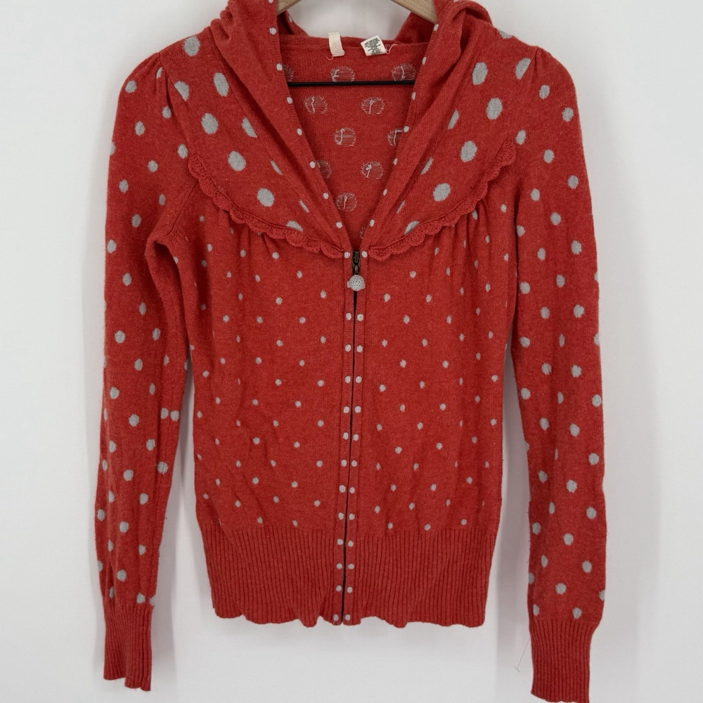 Moth Polka Dot Wool Angora Cashmere Blend Cardigan Hooded Size Small Red
